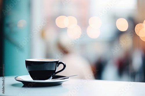 A cup of espresso on a table in a café, with a blurred background.