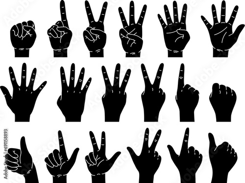 Black flat hands silhouettes counting. Keeping score with gestures. Different number of fingers. Palm and back of arm. Monochrome human fist showing. Nonverbal symbols. Recent vector set