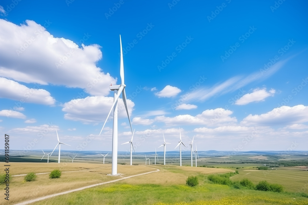 wind power generators in wind farm, landscape at clear day, blue sky, white clouds wind power generators in wind farm, landscape at clear day, blue sky, white clouds