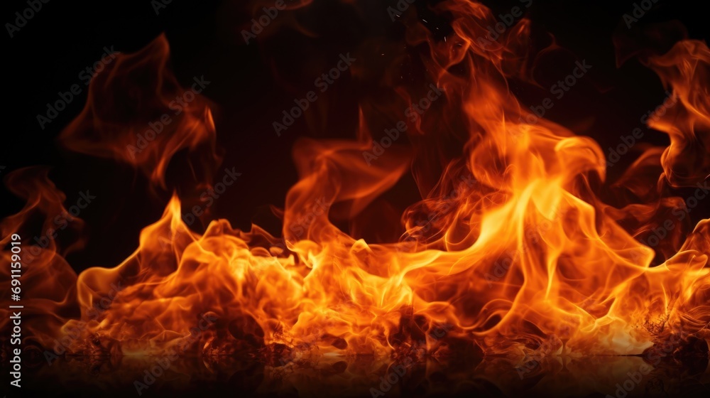 A close-up view of a fire burning on a black background. Suitable for various uses A close-up view of a fire burning on a black background. Suitable for various uses