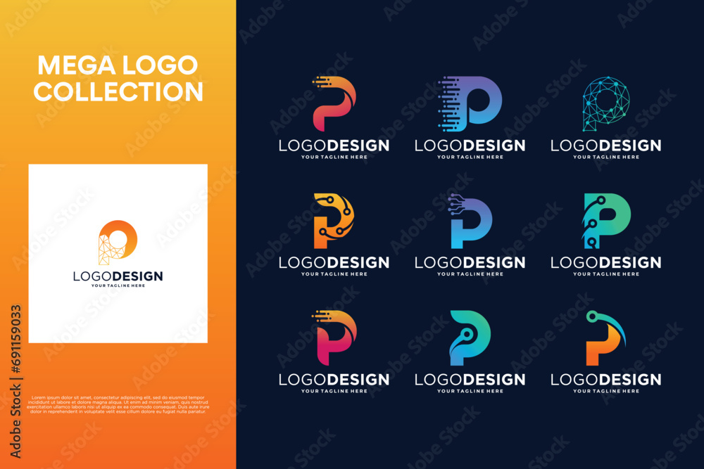 Collection of creative letter P logo designs. Abstract symbol for digital technology - obrazy, fototapety, plakaty 