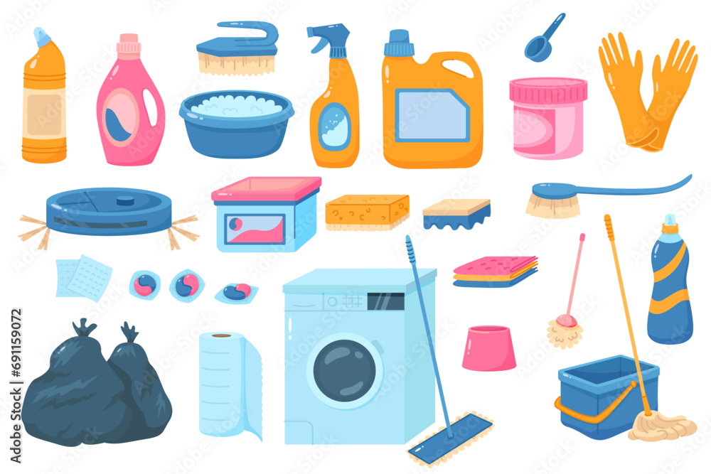 Cartoon cleaning supplies. Washing tools. Household equipment. Chemical detergents. Spray bottles. Brushes and wipe sponges. Mop with bucket. Vacuum cleaner and washer. Recent vector set