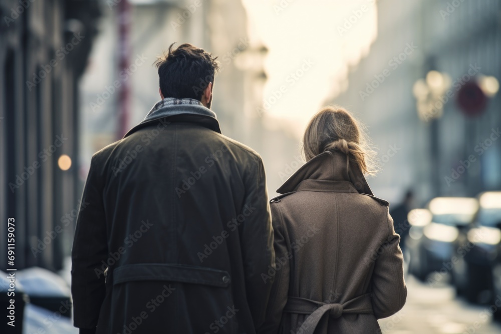 A couple walking together on a busy city street. Perfect for lifestyle and urban themes A couple walking together on a busy city street. Perfect for lifestyle and urban themes