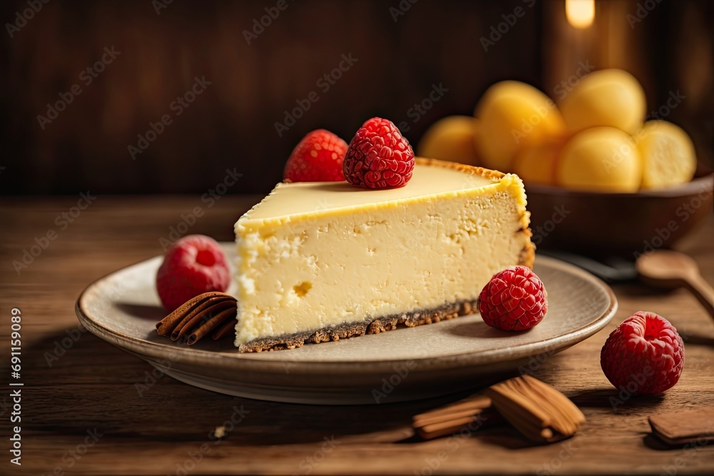 Cheese cake on wooden table in brown background Cheese cake on wooden table in brown background