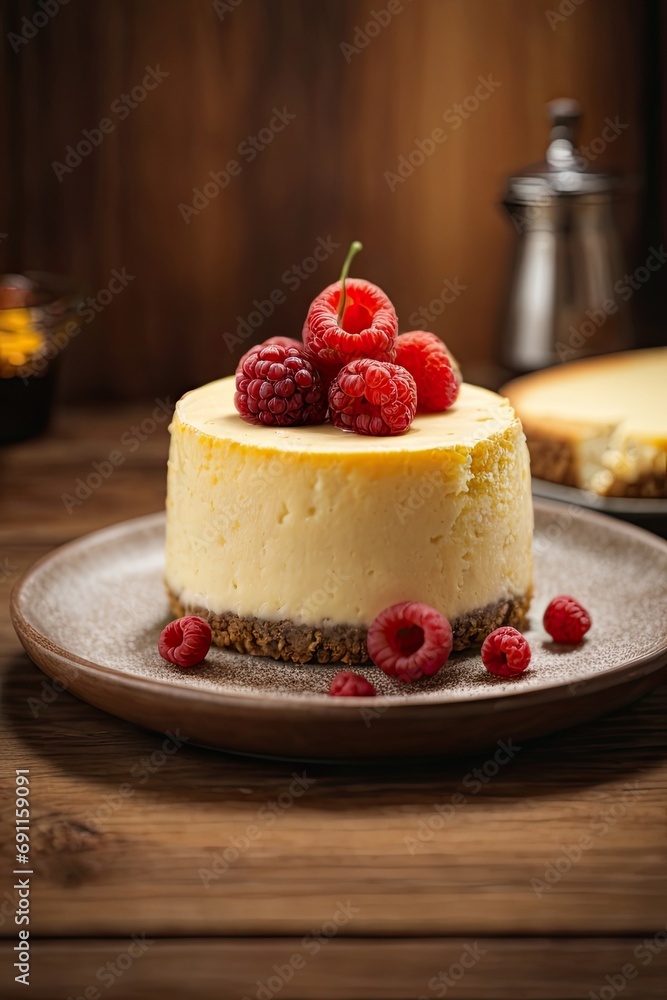 Cheese cake on wooden table in brown background Cheese cake on wooden table in brown background