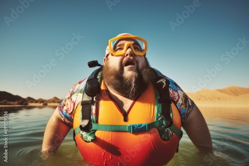 A man wearing a life jacket and goggles is in the water. This image can be used for water sports, swimming safety, or boating illustrations © Fotograf