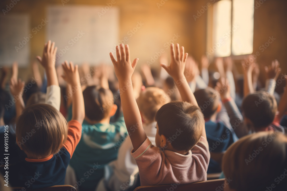group of children in classroom and raised their hands to answer, blurred background, back view group of children in classroom and raised their hands to answer, blurred background, back view