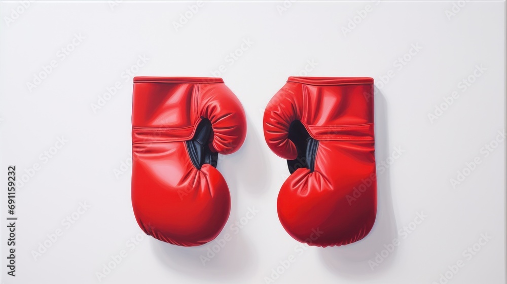  a pair of red boxing gloves hanging on a wall next to a pair of black boxing gloves hanging on a wall next to a pair of red boxing gloves on a white wall.