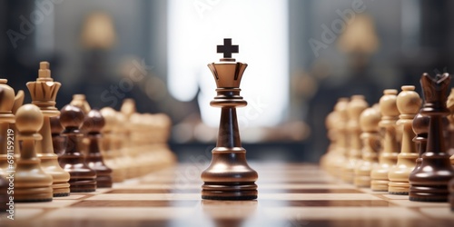 A close-up view of a chess board with numerous pieces. This image can be used to depict strategic thinking, decision-making, or a competitive environment photo