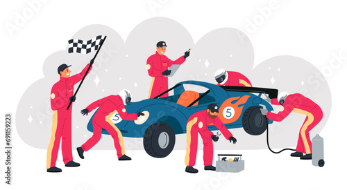 Cartoon racing car on pit stop. Mechanics team in auto servicing process. Tire pumping and wheel replacement. Automobile repair. Race competition. Technician crew. Garish vector concept