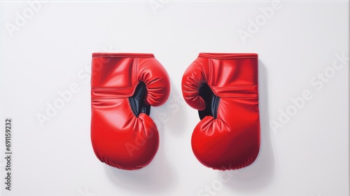  a pair of red boxing gloves hanging on a wall next to a pair of black boxing gloves hanging on a wall next to a pair of red boxing gloves on a white wall. © Anna