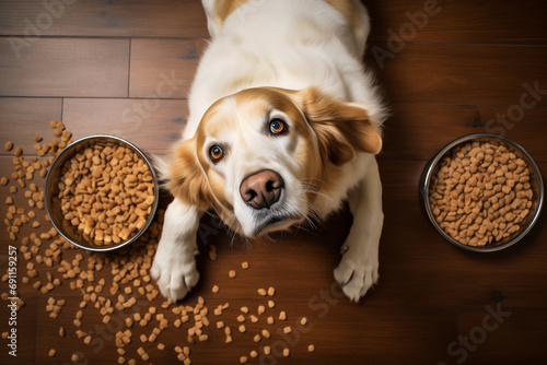dog lying on floor and looking at camera, near bowl of dry food, top view