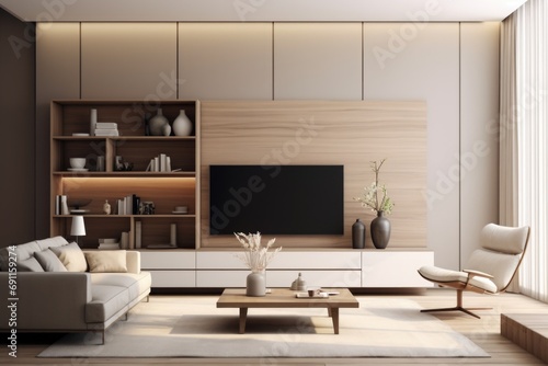 sofa against tv unit. Minimalist loft home interior design of modern living room with concrete wall.