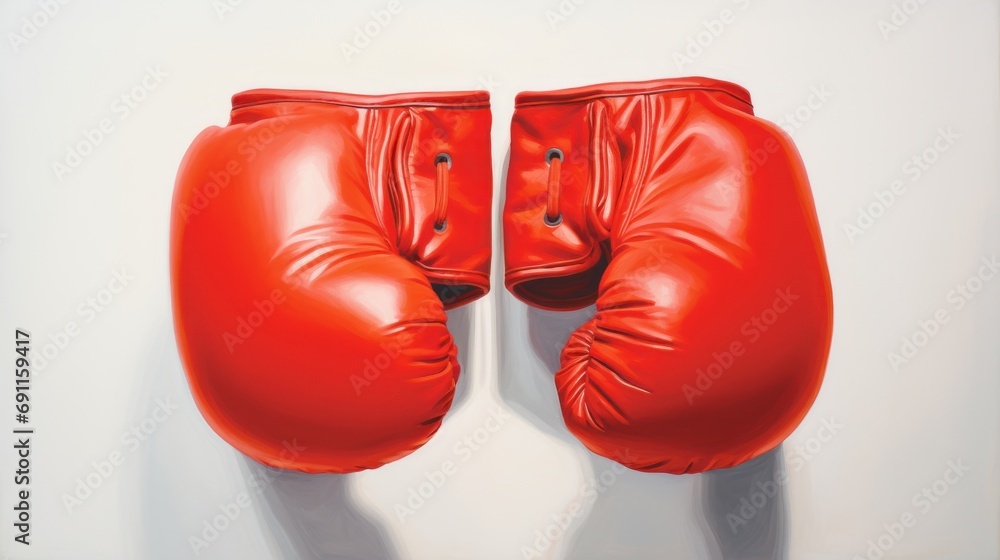  a pair of red boxing gloves sitting on top of a white wall next to a pair of red boxing gloves on top of a white wall next to each other pair of red boxing gloves.
