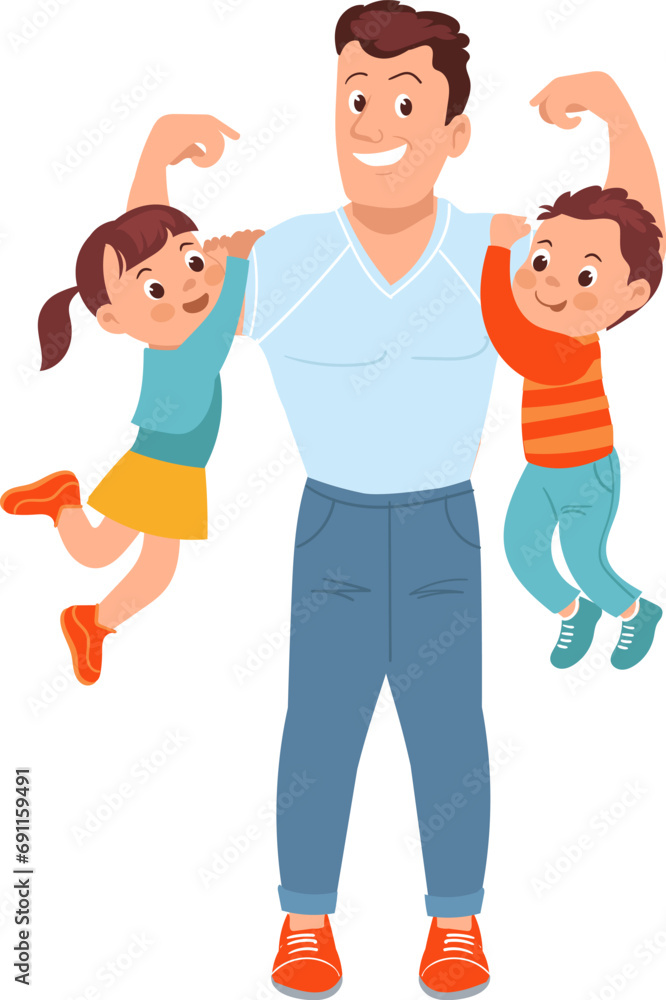 Father with kid. Happy family. Muscular man playing with children. Boy and girl hanging on daddy hands. Parent spending time together with son and daughter. Vector fatherhood concept