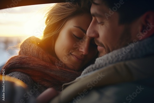 A man and a woman embracing in a car. Suitable for romantic scenes or depicting love and affection in a car setting