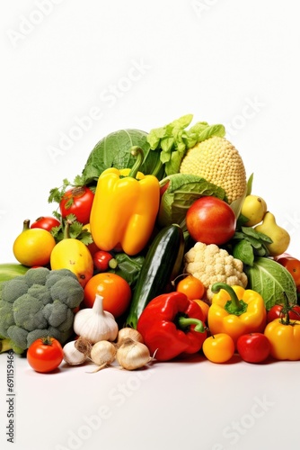 A vibrant assortment of various fruits and vegetables displayed on a clean white surface. Perfect for healthy eating  recipe websites  and nutrition-related content