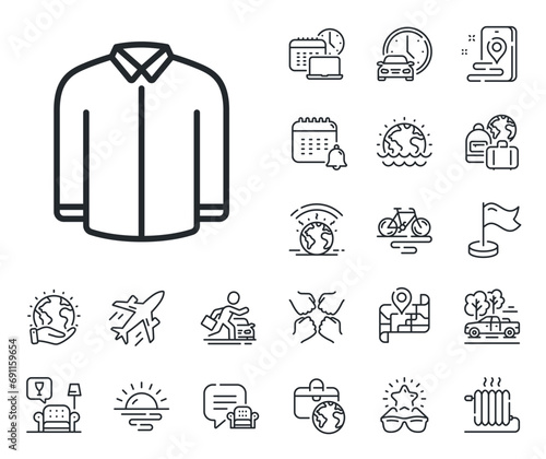 Male dress shirt sign. Plane jet, travel map and baggage claim outline icons. Shirt line icon. Business wear symbol. Shirt line sign. Car rental, taxi transport icon. Place location. Vector