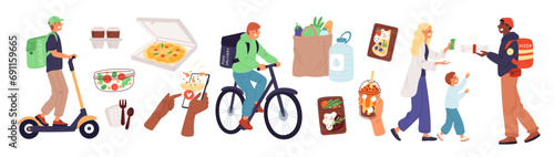 Food delivery service. Ordering products at home. Express shipping. Couriers with groceries backpacks on scooter and bicycle. Online selection. Pizza and burgers boxes. Garish vector set photo