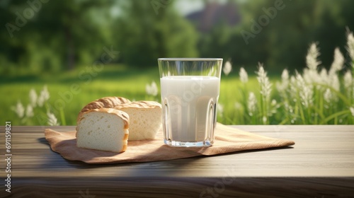 two glasses of milk and a loaf of bread on a wooden table with grassy surroun...