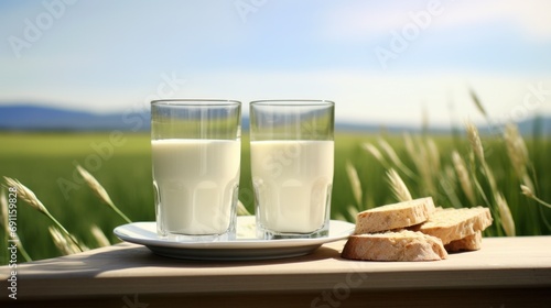 two glasses of milk and a loaf of bread on a wooden table with grassy surroun...