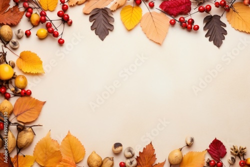 A frame made of autumn leaves  berries  and nuts. Perfect for fall-themed designs and seasonal decorations