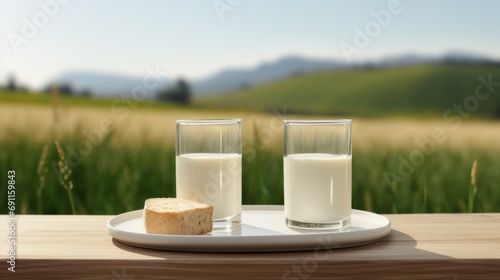 two glasses of milk and a loaf of bread on a wooden table with grassy surroun...