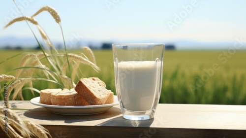 two glasses of milk and a loaf of bread on a wooden table with grassy surroun...