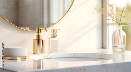 view of a bathroom sink, mirror and two toiletries, placed on a marble countertop photo
