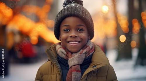 A young boy is wearing a hat and scarf. This image can be used for winter-themed designs or to depict a child bundled up for cold weather photo