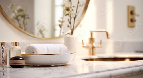 view of a bathroom sink, mirror and two toiletries, placed on a marble counte...