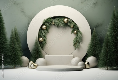 white podium with Christmas trees and decorations on a green background