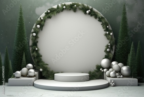 white podium with Christmas trees and decorations on a green background