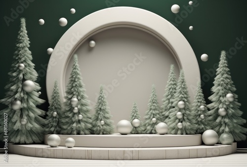 white podium with Christmas trees and decorations on a green background