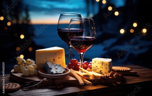 wine and cheese in a glass on a wooden board behind some lights