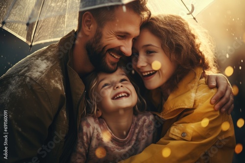 A picture of a man standing under an umbrella with two little girls. This image can be used to depict protection, family bonding, or spending quality time together photo