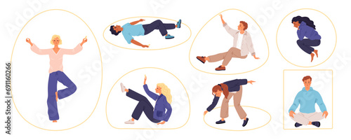People personal space. Men and women withdraw into themselves. Seclusion from outside world. Delineate boundaries. Relaxing in private zones. Society avoid borders. Garish vector set