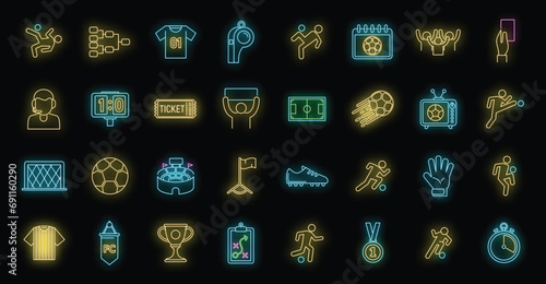 Football icons set. Outline set of football vector icons neon color on black