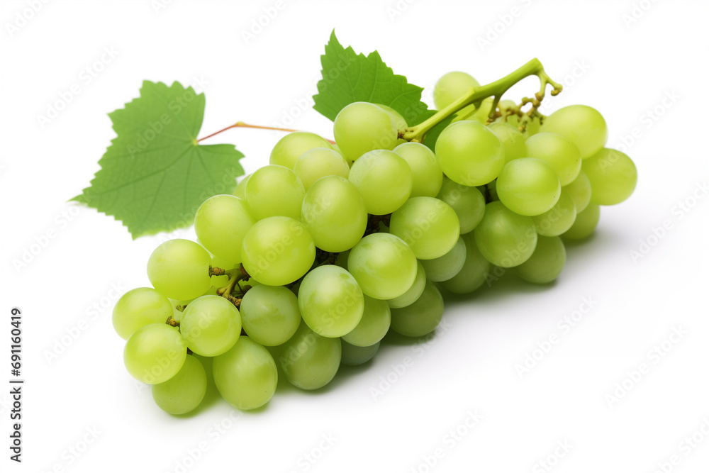 grapes green bunch, one with green leaves, isolated on white background selective focus