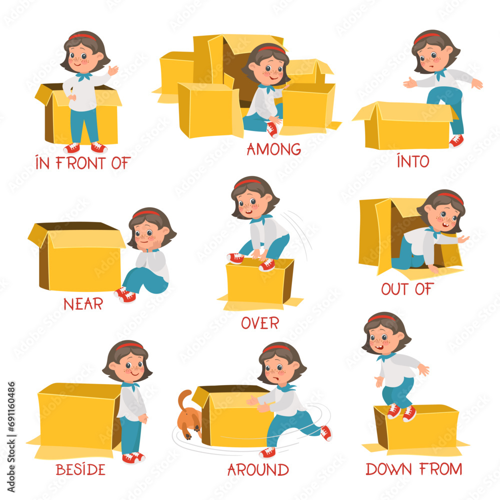 Preposition learning visual aid. Cute girl with cardboard box. Primary school education. English language studying. Grammar teaching. Kids positions demonstration. Splendid vector set Preposition learning visual aid. Cute girl with cardboard box. Primary school education. English language studying. Grammar teaching. Kids positions demonstration. Splendid vector set