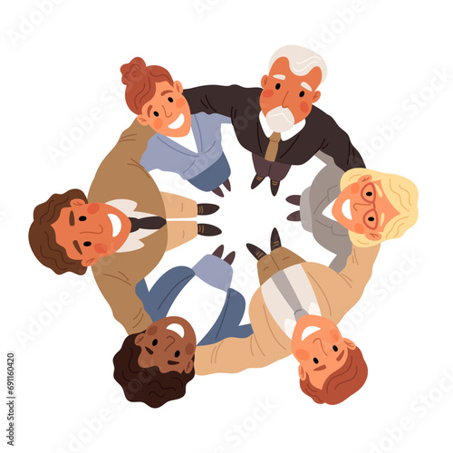 People team cuddle. Happy characters standing in circle. Partnership and friendship. Employees unity. Workers togetherness. Persons look up. Men and women hugging. Garish vector concept