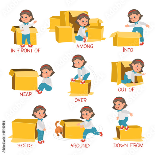 Preposition learning visual aid. Cute girl with cardboard box. Primary school education. English language studying. Grammar teaching. Kids positions demonstration. Splendid vector set photo
