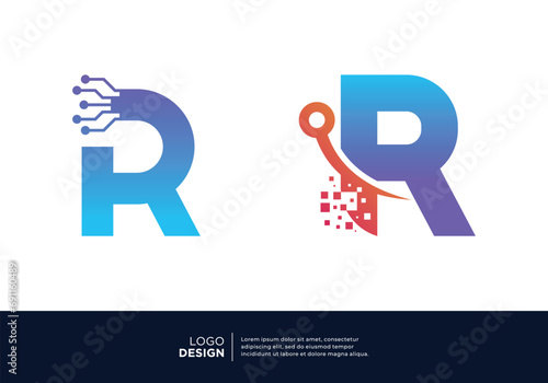 Letter R digital technology logo design collection.