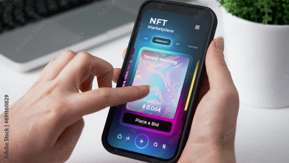 Exploring NFT artworks marketplace. Non-fungible token auction app for mobile phone.