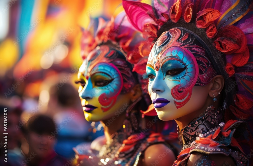 women wear colorful masks at a carnival