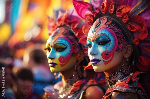 women wear colorful masks at a carnival