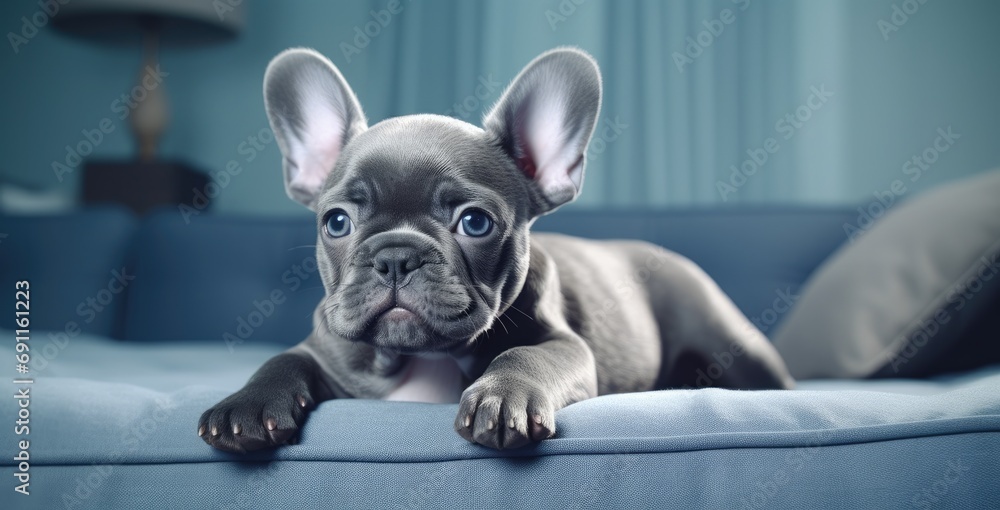 a baby french bulldog lying on top of a blue sofa