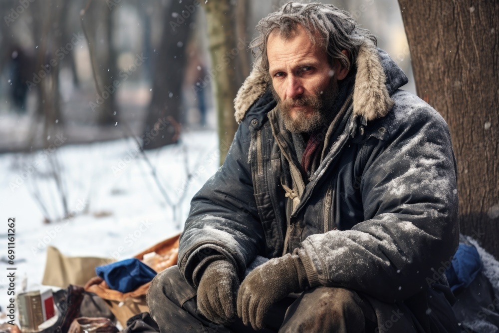 Obraz premium A homeless man sitting under a tree in the snow. This image can be used to depict homelessness and the harsh conditions faced by those without shelter