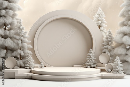 christmas stage backdrop indoors, round tree on stage with tree stumps in the middle