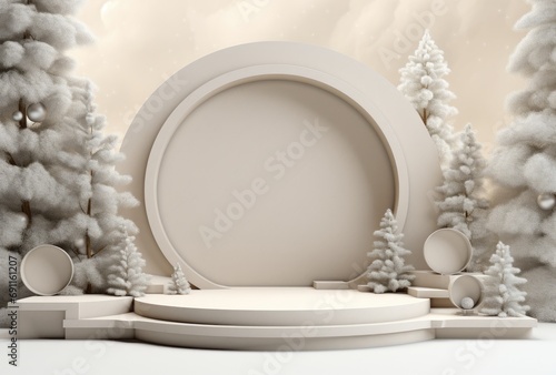 christmas stage backdrop indoors, round tree on stage with tree stumps in the...